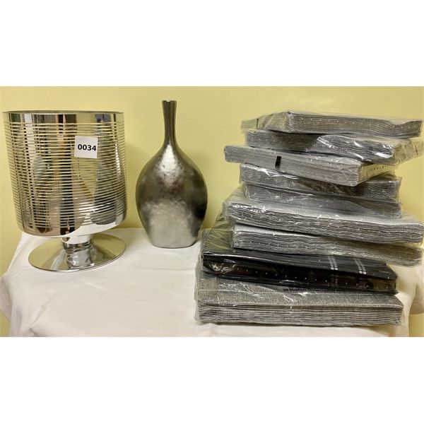 LOT OF 3 - SILVER RIBBONED VASE & LILA DIMPLED VASE (10 in) 