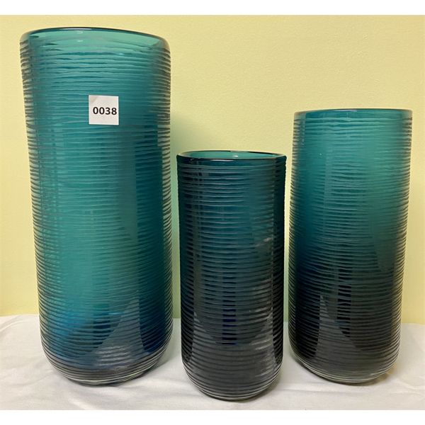 LOT OF 3 - GLASS LIBRA VASES - BLUE/GREEN TONES - TALLEST IS 14 in 