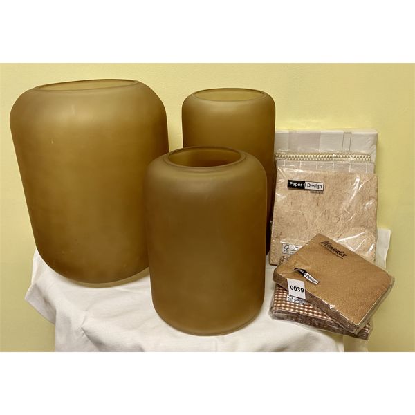 LOT OF 4 - SATIN FINISH GLASS VASES IN SAND TONES - TALLEST VASE IS 13 in.