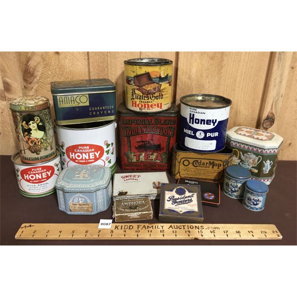 JOB LOT - MISC ADVERTISING TINS - INCL PIRATES GOLD HONEY TIN