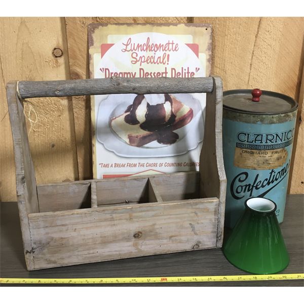 LOT OF 4 - VINTAGE HOME DECOR - CONFECTIONERY TIN, REPRO DESSERT TIN SIGN, CADDY AND GLASS SHADE