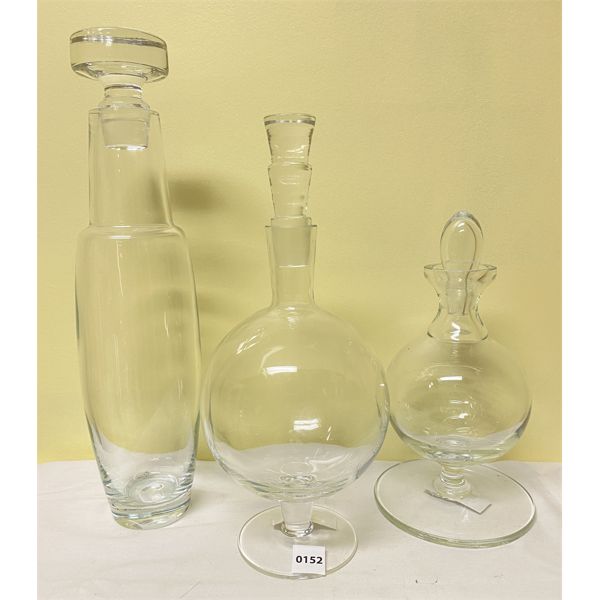 LOT OF 3 GLASS DECANTERS W/ STOPPERS - TALLEST 17 in