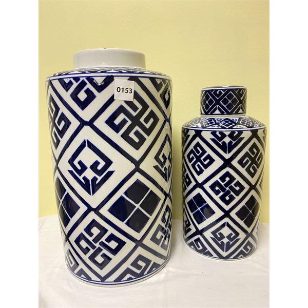 LOT OF 2 - FRET DESIGN CERAMIC URNS