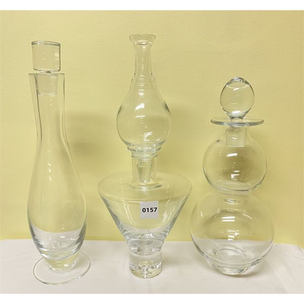 LOT OF 3 - DESIGNER GLASS DECANTERS W/ STOPPERS