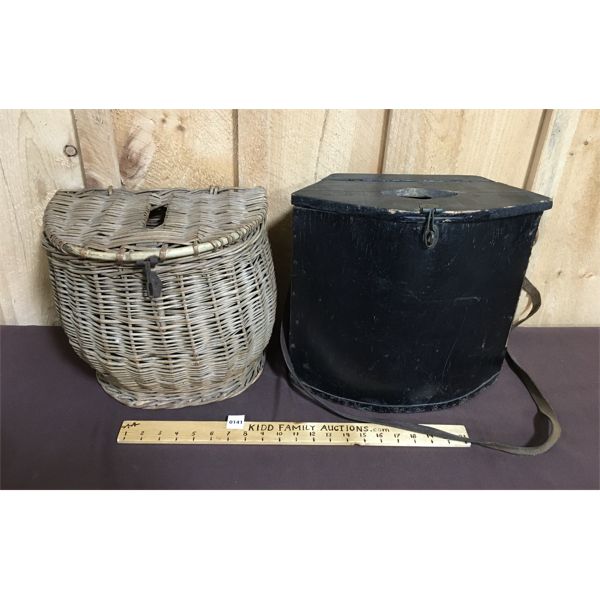 LOT OF 2 - FISHING CREELS - WICKER AND WOOD