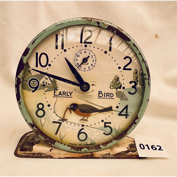 EARLY BIRD TIN WINDUP CLOCK - WITH MECHANICAL WORKING BIRD - PAT'D 1948 CANADA