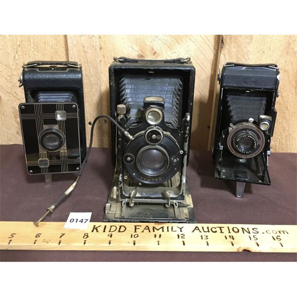 LOT OF 3 - ANTIQUE FOLDING CAMERAS - INCL ZEISS ICON, COMPUR ETC.