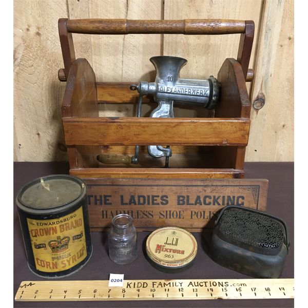 JOB LOT - MISC VINTAGE COLLECTIBLES - SHOE POLISH CRATE END, MEAT GRINDER, WOOD MAGAZINE HOLDER ETC 