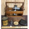 Image 1 : JOB LOT - MISC VINTAGE COLLECTIBLES - SHOE POLISH CRATE END, MEAT GRINDER, WOOD MAGAZINE HOLDER ETC 