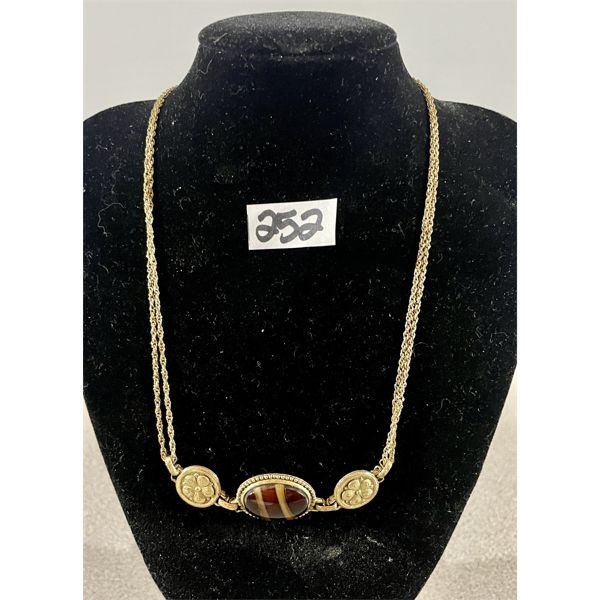 TIGER EYE GOLD NECKLACE - MARKED 1928 - APPROX 12 in