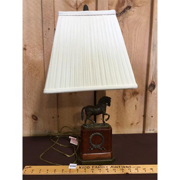 HEAVY WOOD AND BRONZE(?) HORSE TABLE LAMP - 22in TALL