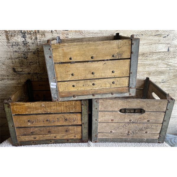 LOT OF 3 - MILK BOTTLE CRATES - SILVERWOOD, DUNNVILLE & CRYSTAL (OWEN SOUND) DAIRIES