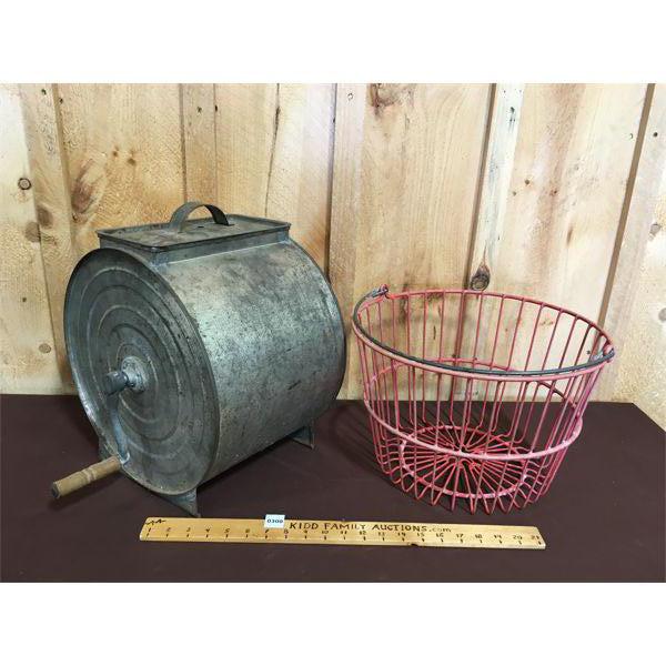 LOT OF 2 - BUTTER CHURN AND WIRE EGG BASKET