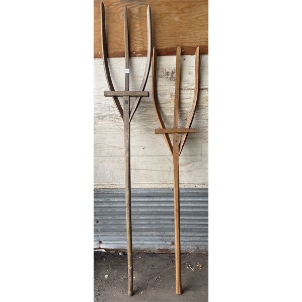 LOT OF 2 - PRIMITIVE HAY FORKS - ALL WOOD