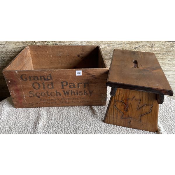 LOT OF 2 - GRAND OLD PARR WHISKEY CRATE & HOMEMADE STOOL