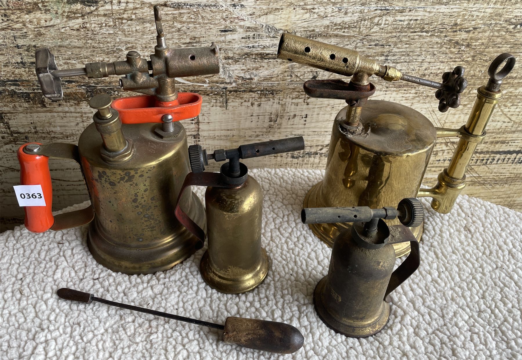LOT OF 5 4 X ANTIQUE BRASS BLOW TORCHES & SOLDERING IRON Kidd Family Auctions
