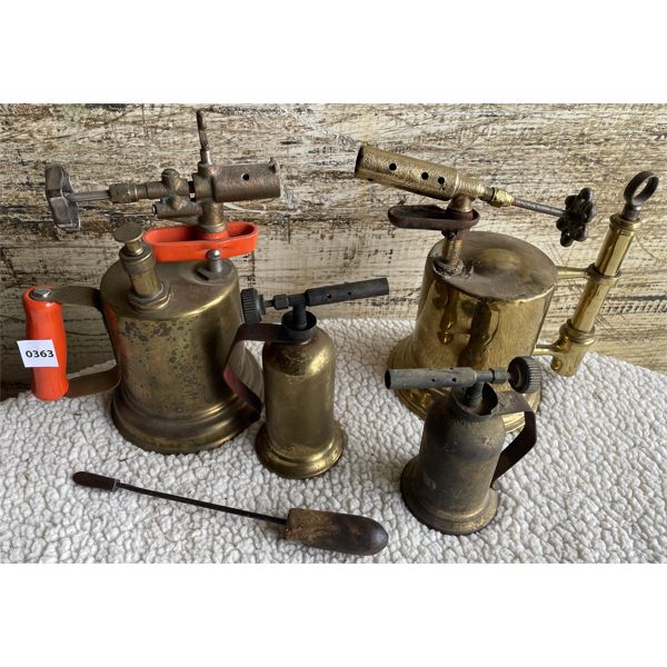 LOT OF 5 - 4 X ANTIQUE BRASS BLOW TORCHES & SOLDERING IRON