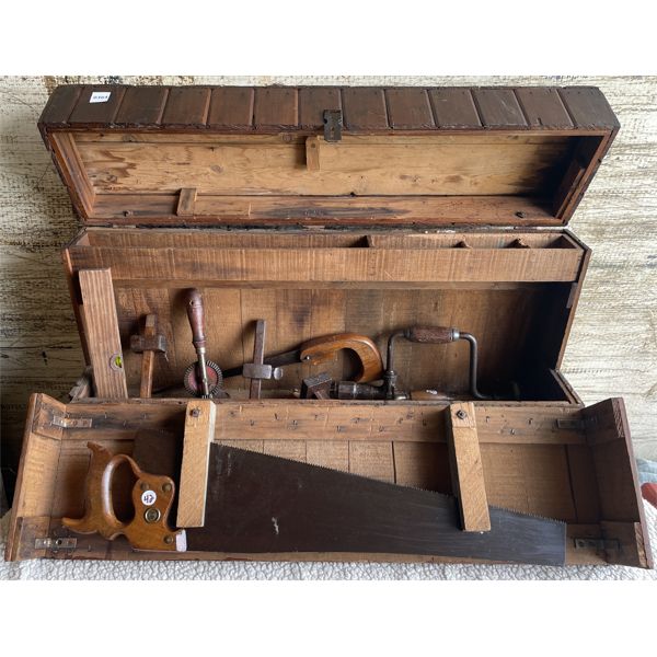 ANTIQUE CARPENTERS TOOL CHEST W / CONTENTS - 8 X 18 X 32 in