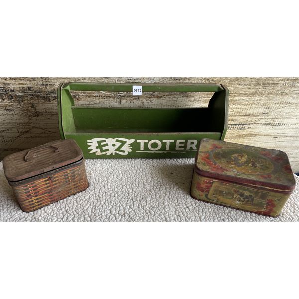 LOT OF 3 - TIN EZ TOTER, BASKET & CONFECTIONARY 