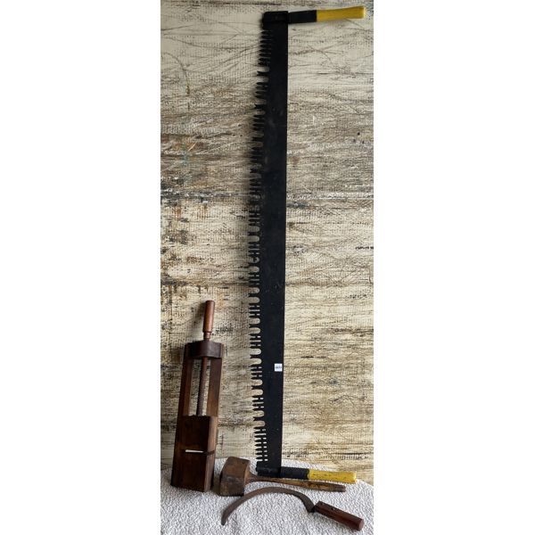 LOT OF 4 - VINTAGE WOODEN VICE, MALLET, SICKLE & CROSS CUT SAW