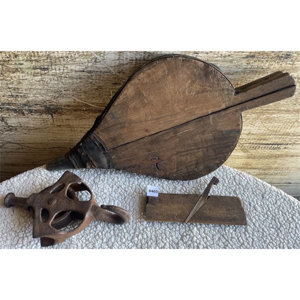 LOT OF 3 - WOODEN BELLOWS, STEEL PULLY & PLANE PARTS
