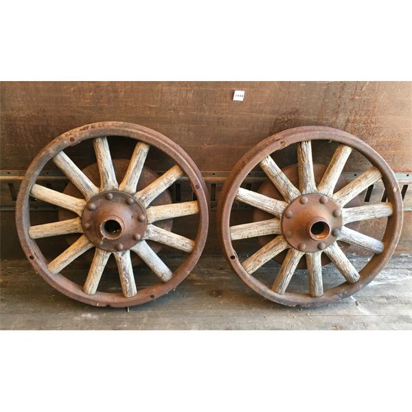 LOT OF 2 - WOOD SPOKE WAGON WHEELS W/ BRAKE DRUM - 20 in 