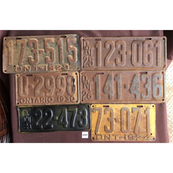 LOT OF 6 - ONTARIO LICENSE PLATES - 1920-1930