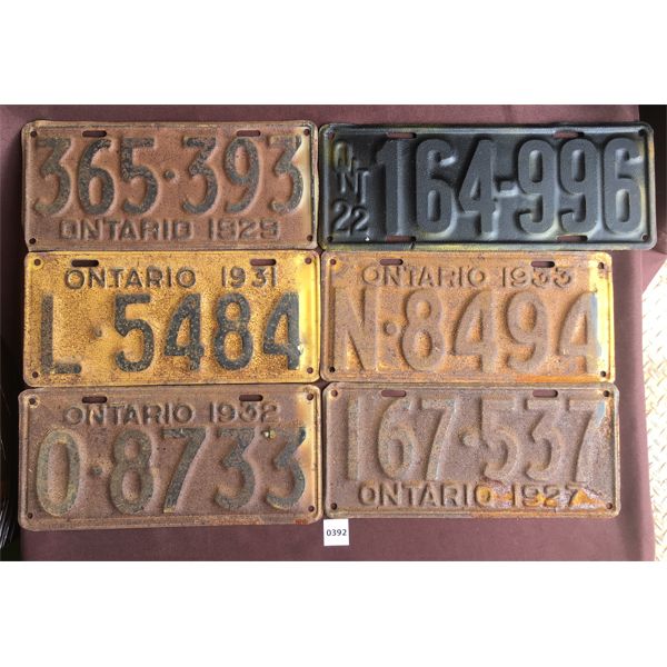 LOT OF 6 - ONTARIO LICENSE PLATES - 1920's-1930's
