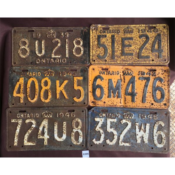 LOT OF 6 - ONTARIO LICENSE PLATES - 1930's-1940's
