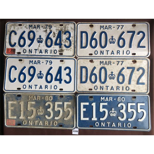 LOT OF 3 - ONTARIO LICENSE PLATE PAIRS - 1977, 79, 80