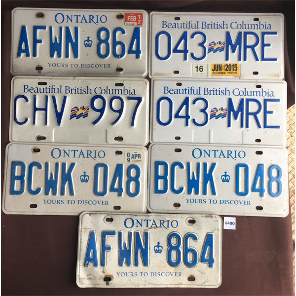 LOT OF 7 - BC & ONTARIO LICENSE PLATES