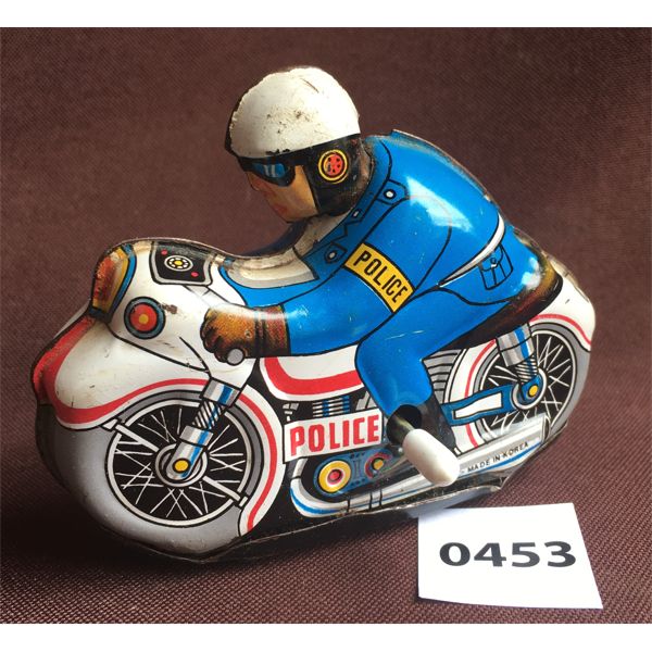 WIND-UP TIN POLICE MOTORCYCLE - MADE IN KOREA