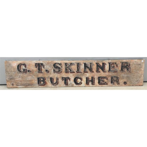 LARGE WOODEN G.T. SKINNER BUTCHER SIGN - APPROX 19 x 95in