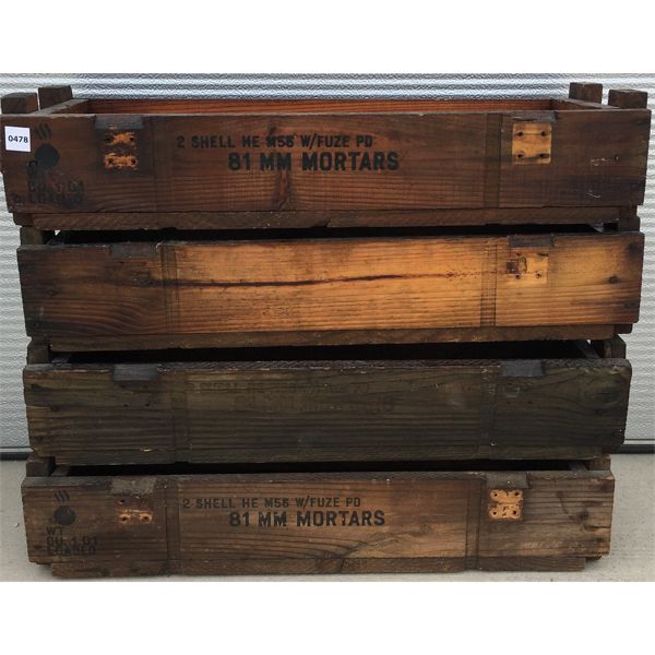 LOT OF 4 - 81MM MORTAR SHELL BOXES - 28 x 5 x 10in