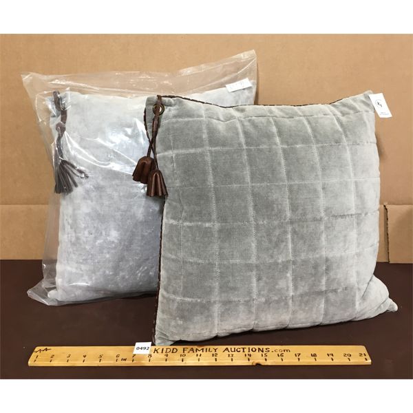 LOT OF 2 - DESIGNER THROW PILLOWS W/ LEATHER TASSELS - 15  x 15in