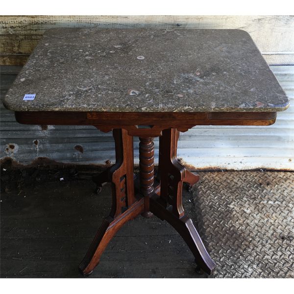 MARBLE TOP WOOD TABLE - 20 x 28 x 29.5in
