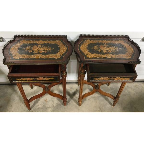 LOT OF 2 - ORNATE SIDE TABLES W/ METAL ACCENTS  - 12.5 x 19.5 x 27in 