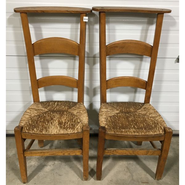 LOT OF 2 - WOOD HIGH BACK PRAYER CHAIRS W/ WOVEN SEATS