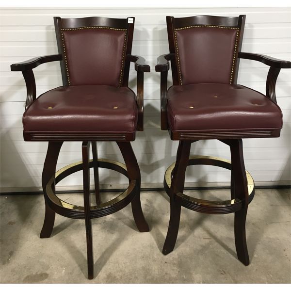 LOT OF 2 - WOOD BAR STOOLS W/ BRASS ACCENTS