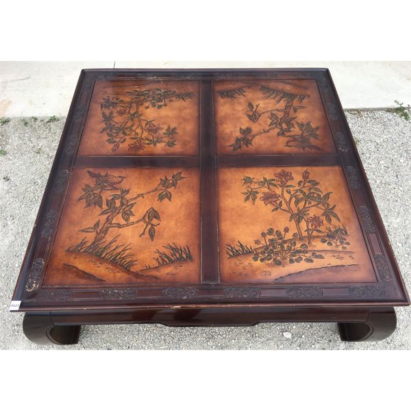 ENGRAVED WOODEN COFFEE TABLE - FLORAL BIRD MOTIF - 42.5 x 42.5 x 15in