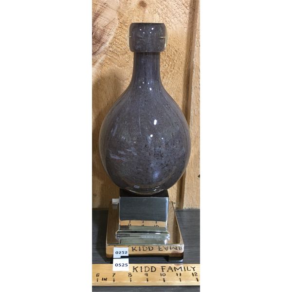 PURPLE GLASS DECANTER ON SILVER METAL STAND - 15.5in TALL