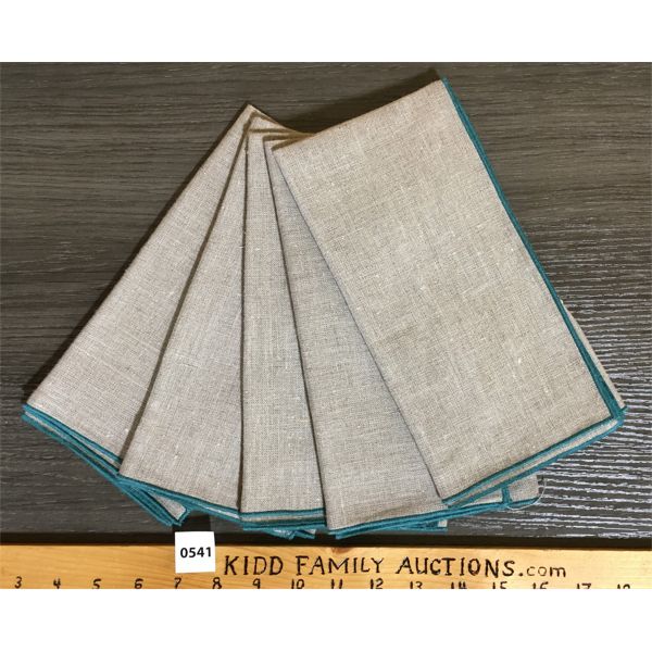 LOT OF 5 - TEAL TRIMMED LINENS - APPROX 19 x 19in