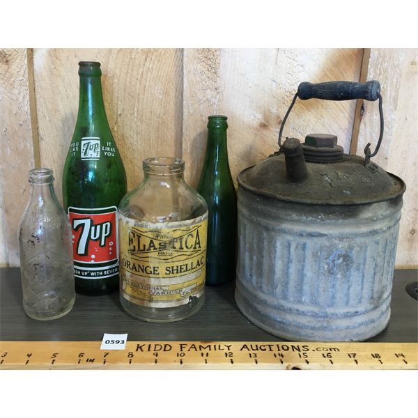 LOT OF 5 - GALVANIZED GAS CAN, 7UP BOTTLE ETC.