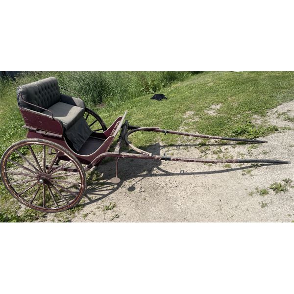 ANTIQUE 2 WHEEL HORSE CART W/ PADDED DBL SEAT 