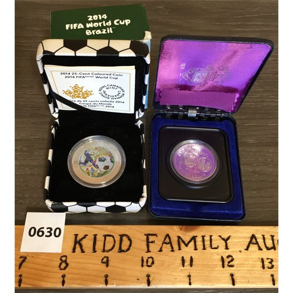 LOT OF 2 - 2014 FIFA COLOURED 25-CENT COIN AND WINNIPEG CENTENNIAL DOLLAR