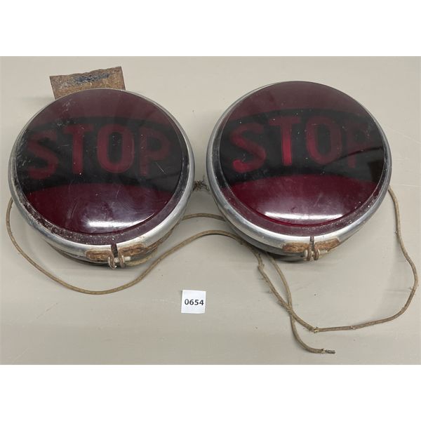 LOT OF 2 - VINTAGE CAR LAMPS MARKED 'STOP' 