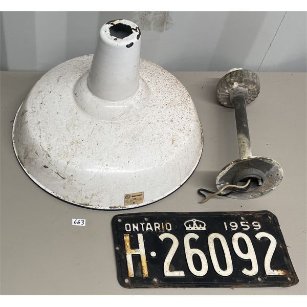 LOT OF 2 - PORCELAIN STREET LAMP SHADE W/WIRING PIECE & 1959 LICENSE PLATE