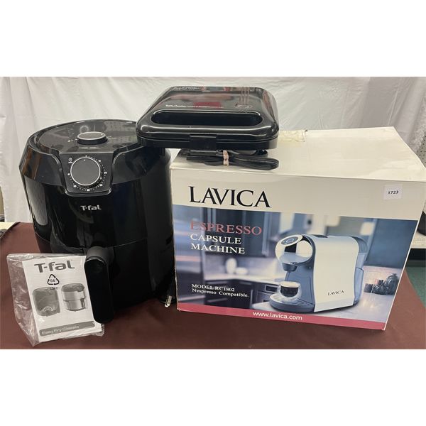 LOT OF 3 - T-FAL EASY FRYER (NEW), BETTY CROCKER SANDWICH GRILL & LAVICA ESPRESSO MACHINE (AS NEW)