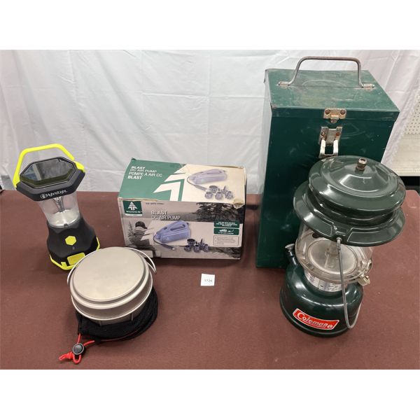 JOB LOT - CAMPING ACCESSORIES - PUMP & TI-STOVE, HYBRID LANTERN, COLEMAN LANTERN