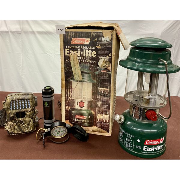 LOT OF 4 - COLEMAN LANTERN, COMPASS, WOODS LITHIUM LIGHT, TRAIL CAM